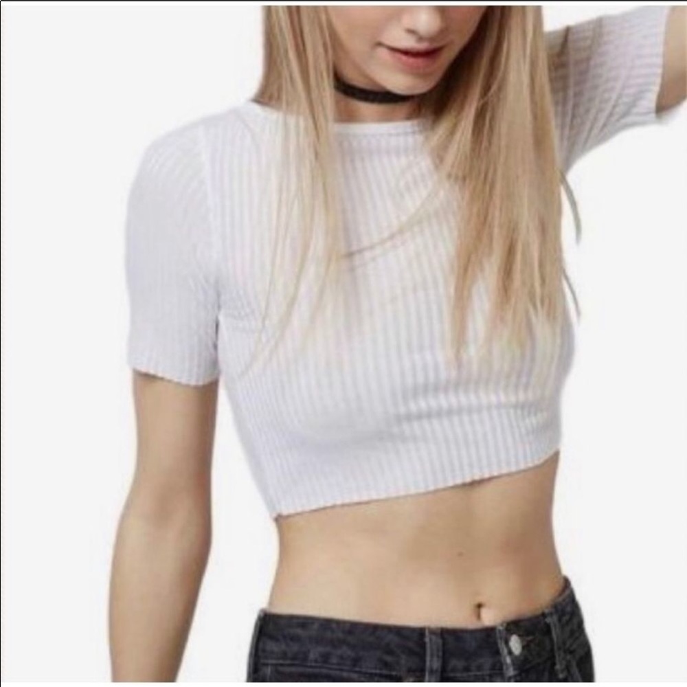 NWT Topshop Ribbed Slash Crop Top Short Sleeves White Sz 4